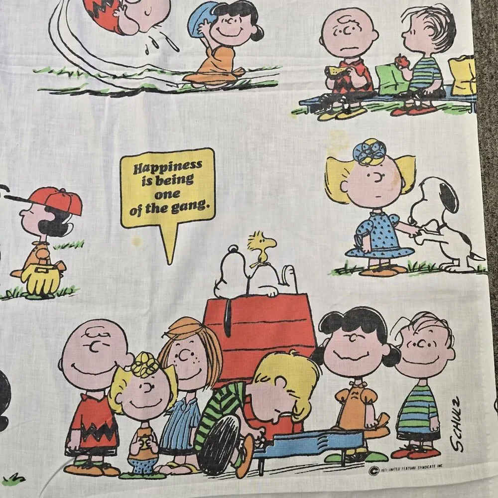 Vintage Peanuts Twin Flat Bed Muslin Sheet Sears 1971 Snoopy Charlie Brown FLAW